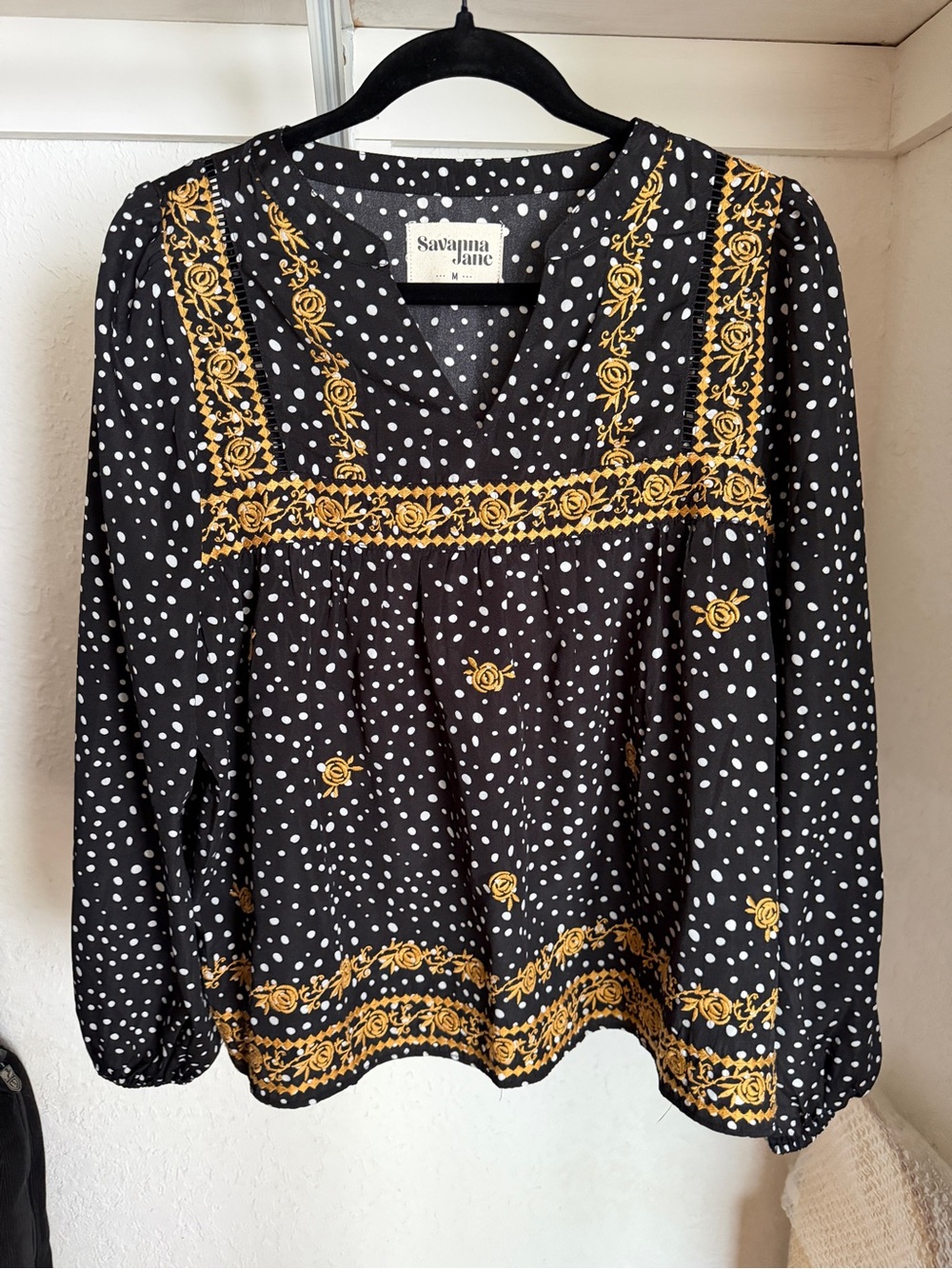 Savanna Jane Black Polka Dot Blouse with Gold Rose Trim